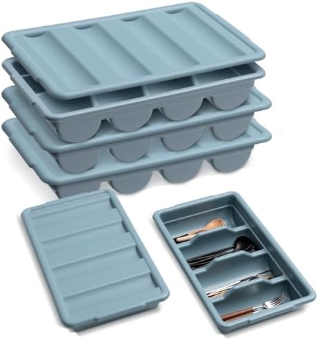 Maxdot 3 Pcs 20.5 x 11.9 x 3.7 Inch Silverware Organizer with Lid, Commercial 4-compartment Restaurant Kitchen Cutlery Tray, Plastic Silverware Storage Container, Condiments Holder (Grayish Blue) by Maxdot