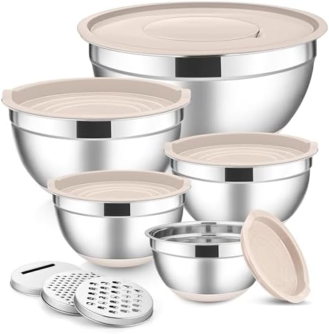 E-far Stainless Steel Mixing Bowls with Lids Set, 5-Piece, Khaki by E-far