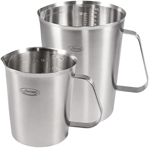 Newness 2 Pack Stainless Steel Measuring Cup, Metal Measuring Cup with Handle (Upgraded, 3 Marking Including Cup/ML/Ounce Scale), 16 Ounces (0.5 Liter, 2 Cup) & 64 Ounces (2.0 Liter, 8 Cup) by Newness