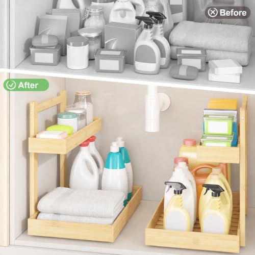 Bamboo Under Sink Organizer 2 Pack, 2-Tier Pull Out Cabinet Organizer - Image 6