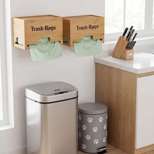 Kathfly 2 Pcs Bamboo Trash Bag Holder Dispenser Stackable Garbage Bag Dispenser, Large and Small Size Trash Organizer for Farmhouse Kitchen Laundry Under Sink, Wall Mounted or Freestanding - Image 2
