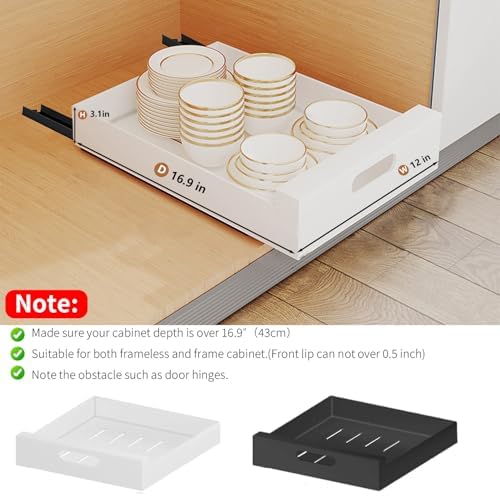 2 Pack Pull Out Cabinet Organizer Adhesive, 12" Wide,16.9" Deep Heavy Duty Slide Out Drawers for Face Frame or Frameless Cabinets, Roll Out Cabinet Organizer for Kitchen Organizer, Bathroom,Pantry - Image 2