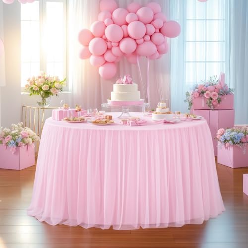 HB HBB MAGIC Light Pink Round Tablecloth 48 inch Stretchy Elastic Fitted Round Table Cloth Cover, Pink Table Cloths for Parties Tulle Table Cloth with Skirt Wedding Bridal Shower Tables Decoration by HBBMAGIC