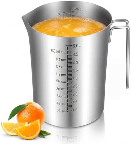 5L Stainless Steel Measuring Pitcher, 169oz Food Grade 304 Metal Measuring Cup with Handle and Dual-sided Scale, Large Capacity Stovetop-safe Container for Baking, Brewing, Cooking, Restaurants by Yiyiring