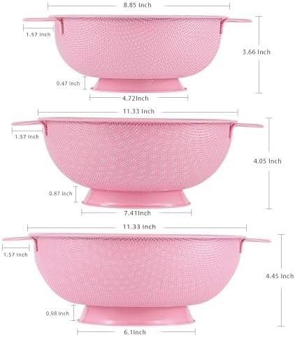 Stainless Steel Colander 3 Piece,Metal Strainer Basket with Solid Base and Handles for Kitchen Food,Pasta, Noodles, Vegetables and Fruits,Powder Coated,BPA Free,Dishwasher Safe,2 & 3 & 4.5 Qt (Pink) - Image 2