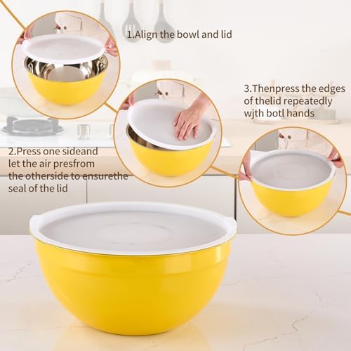 Yellow Mixing Bowls with Airtight Lids, Stainless Steel Nesting Mixing Bowls Set of 7, Ideal for Baking, Prepping and Serving Food, Size 7, 3.6, 2.7, 2.1, 1.5, 1.1,0.8 QT, Stackable Design - Image 3