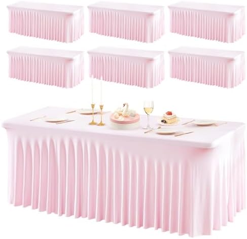 PARTISKY 6 Pack Pink Table Cover for Rectangle Tables 6ft,One-Piece Spandex Elastic Table Cloth with Skirt for Wedding Folding Table Banquet Baby Shower & Birthday Parties by Partisky