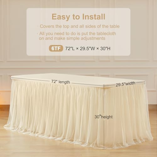 Champagne Tablecloth Rectangle Table Cover for 6 Foot Table, Champagne Tulle Table Skirt Rectangle Table 6ft Stretch Tulle Tablecloth Fitted Elastic Banquet Party Wedding Table Cloth for 6 Foot Table - Image 5