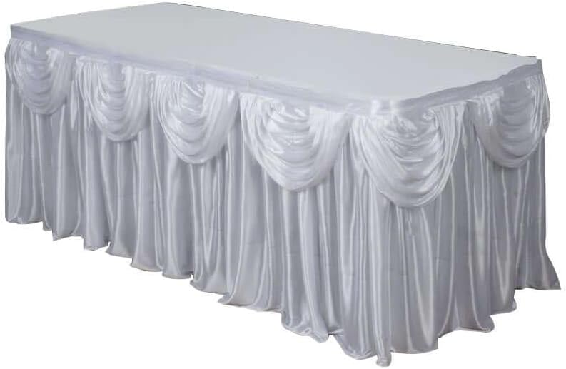 Efavormart White Satin Double Drape Table Skirt for Kitchen Dining Catering Wedding Birthday Party Decorations Events 21ft - Image 5