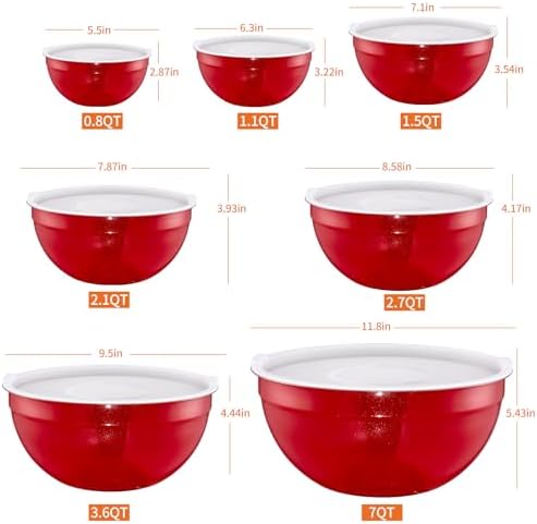 Red Mixing Bowls With Airtight Lids,Stainless Steel Bowl,Salad Bowls 7 Piece Colorful Nesting Bowl Red Kitchen Accessories,Size 7,3.6,2.7,2.1,1.5,1.1,0.8QT Stackable Design - Image 2