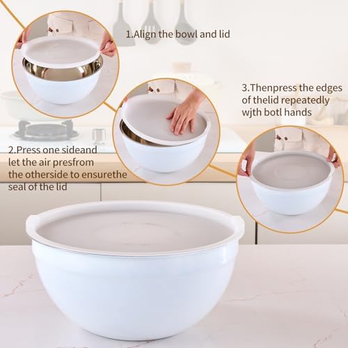 White Mixing Bowls with Airtight Lids, Stainless Steel Nesting Mixing Bowls Set of 7, Ideal for Baking, Prepping and Serving Food, Size 7, 3.6, 2.7, 2.1, 1.5, 1.1,0.8 QT, Stackable Design - Image 3