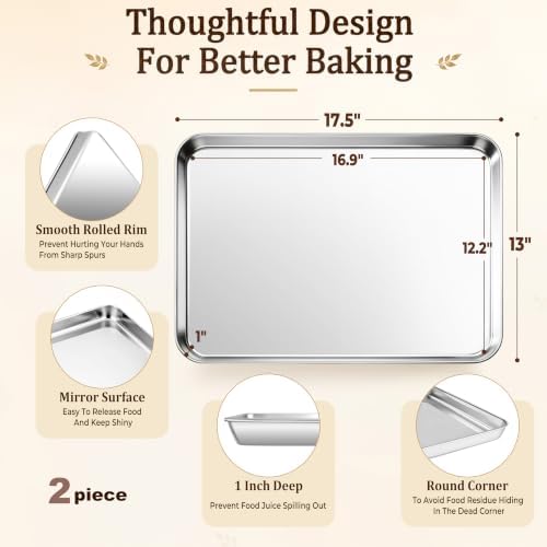 Stainless Steel Baking Sheet, 17.5" x 13" Cookie Sheet Set, 2-Pack | Large Half Sheet Pans for Baking Roasting Cooking, Heavy Duty & Non-Toxic, Easy Clean & Dishwasher Safe - Image 2