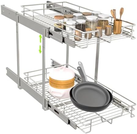 EZKAZA Pull Out Cabinet Organizer 11.5" W x 21" D, 2-Tier Kitchen Cabinet Pullout Shelf and Drawer Organizer Slide Out Pantry Storage Basket, 10.2" W x 21" D x 2.4" H for Bottom Basket Size by Unknown