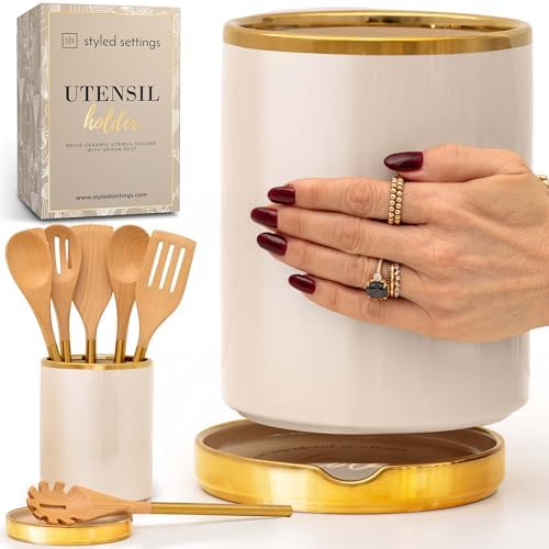 STYLED SETTINGS Beige Utensil holder, Beige & Gold | Ceramic, Cooking Utensil Storage & Gold Spoon Rest, Kitchen Organization & Farmhouse Décor by STYLEDSETTINGS