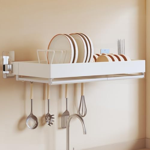 Wall-Mounted Stainless Steel Dish Drying Rack with Cutlery Holder,Hooks & Drainboard – Space-Saving Shelf for Plates,Bowls & Cups by Unknown