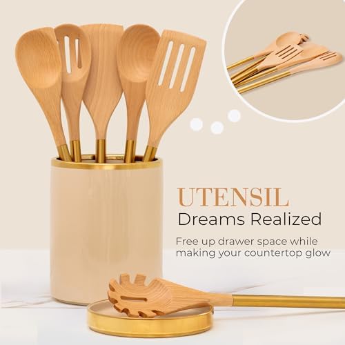 STYLED SETTINGS Beige Utensil holder, Beige & Gold | Ceramic, Cooking Utensil Storage & Gold Spoon Rest, Kitchen Organization & Farmhouse Décor - Image 6