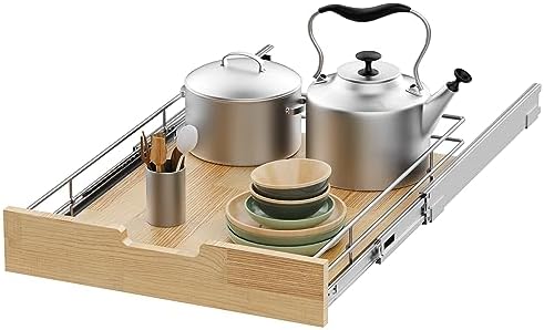 Sikarou Pull Out Cabinet Organizer 14"W x 21"D Wood and Wire Storage Shelf by SikarouStorageSpecialist