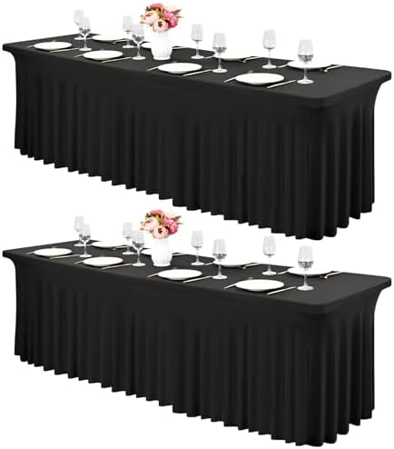2 Pack Black Spandex Table Skirts for 8 Ft Rectangular Tables by FXKS