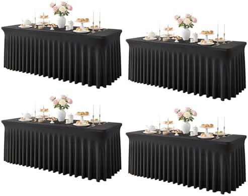 Besutolife Black Spandex Tablecloth with Skirt for 8ft Rectangle Tables 4 Packs-Wrinkle-Resistant Stretchable Machine Washable Perfect for Weddings Banquets Birthday Parties Events by Besutolife