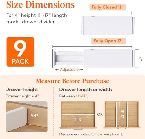 Lifewit 4" High Upgrade Drawer Divider, Adjustable Drawer Organizer Clothes | 9 Pack 11"-17" Expandable White Plastic Drawer Separator for Dresser, Kitchen, Closet, Nursery, Office Organization & Storage - Image 2