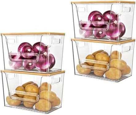Delamu 4 Pack Pantry Organizers and Storage,Trash Bag Dispenser with Bamboo Top,Stackable Trash Bag Dispenser Under Sink Organizer for 4-30 GalBags,Onion,Potato,Fruits,Clear by DELAMU
