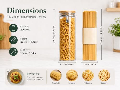 KKC 3-Pack 68oz Glass Spaghetti Containers with Airtight Bamboo Clamp Lids - 2000ml Tall Pasta Storage Jars & Long Noodle Holders Keep Fresh Canister Set for Kitchen Pantry Organization - Image 3