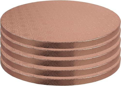 O'Creme Rose Gold Foil Round Cake Board - Gorgeous Design, Sturdy & Durable 1/2" Thick Drums, 14" Diameter - Pack of 5 Disposable Circles by OCreme