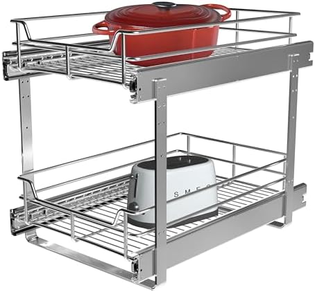 JOWBOOW 2-Tier Cabinet Pull Out Shelves, 11" W x 22" D, Chrome | Heavy-Gauge Wire Kitchen Cabinet Organizer, 100 lbs Capacity, Ball-Bearing Glides, Min 12" Opening, For Pantry Storage by JOWBOOW