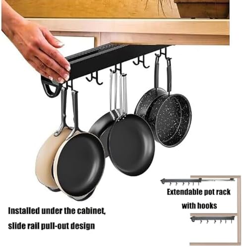 14IN Hanging Pot Rack with 6 Hook for Cabinet Pull Out Pot and Pan organizer Adjustable Pot Racks with Sliding Rail Storage Utility Rack Used for Kitchen/Closet/Cupboard,Load 75LBS - Image 2