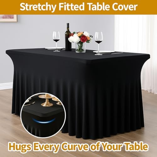 Deep Dream 2 Pack Black Spandex Table Covers 6 Foot, Fitted Stretch Tableclothes 30x72 Inch, Wrinkle Free 6FT Fitted Table Clothes with Skirt for Party, Banquet, Wedding and Events - Image 2