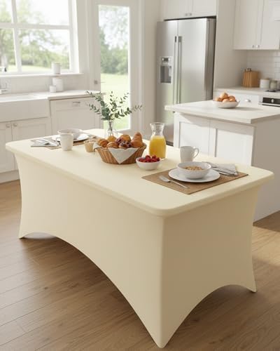 Fixwal 6 Pack 8FT Ivory Tablecloth Rectangle Spandex Fitted Table Cover - Image 2