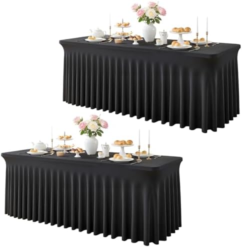 Besutolife Black Spandex Tablecloth with Skirt for 8ft Rectangle Tables 2 Packs- Wrinkle-Resistant, Stretchable, Machine Washable - Perfect for Weddings Banquets Birthday Parties Events by Besutolife