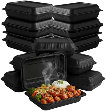 Front Lock MFPP Hinged Container, Black Clamshell Disposable Takeout Boxes, Durable Microwaveable To-Go Containers for Restaurant & Food Service, 9" x 6" – 50 Pack by ProTakeOut