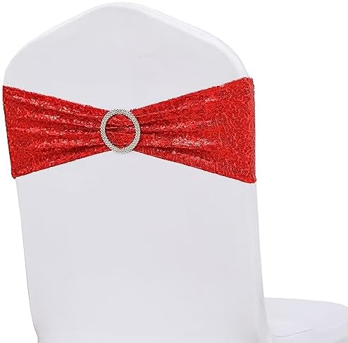 Full Sparkly Sequins Red Chair Sashes for Wedding Decor, Glitter Chair Bands with Buckles, Sequin Chair Bows for Party Ceremony Event Decorations - 100 Pack - Image 6