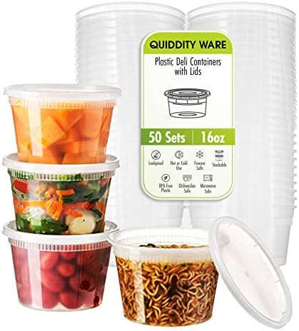 16oz-Deli Containers with Lids Leakproof - 50 Pack BPA-Free Plastic Microwaveable Clear Food Storage Container Premium Heavy-Duty Quality, Freezer & Dishwasher Safe by QUIDDITY+WARE