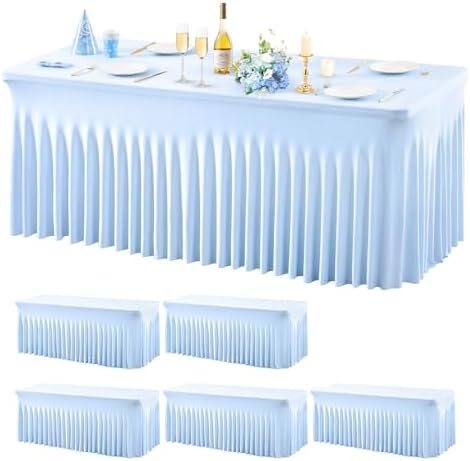 Wish Care 6 Pack Baby Blue Spandex Table Clothes for 6 Foot Rectangle Tables, 6FT Wrinkle Free Fitted Tablecloths Ruffles Design Table Cover for Party, Banquet, Wedding and Events by WishCare