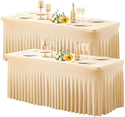 Wish Care 2 Pack Champagne Spandex Table Clothes for 4 Foot Rectangle Tables, 4FT Wrinkle Free Fitted Tablecloths Ruffles Design Table Cover for Party, Banquet, Wedding and Events by WishCare