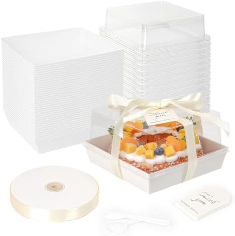 7 x 7 x 4 Inches Paper Cake Boxes with Clear Lids, 50 Pack White Large Charcuterie Square Food Containers, Valentine's Day Disposable Bakery Boxes for 4-6 Inch Bundt Cake, Pie, Dessert by DeziWood