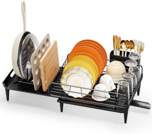 Extendable Dish Rack, Dish Drying Rack for Kitchen Counter, Foldable Dish Dryer Rack, Stainless Steel Dish Drainer Racks with Utensil Holder, Collapsible Dish Drying Racks Large Size,Black by KINGRACK