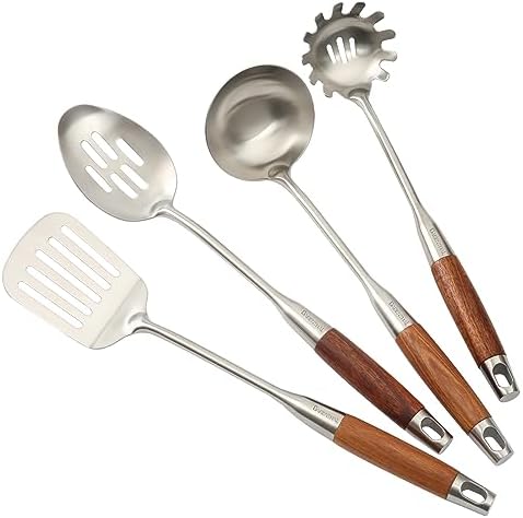 Cooking Utensil Set,304 Stainless Steel Kitchen Utensils with Wood Handle, 4 Pieces Kitchen Stainless Steel Cookware Set Utensils - Slotted Spatula, Pasta, Spoon, Soup Ladle Set by Barenthal