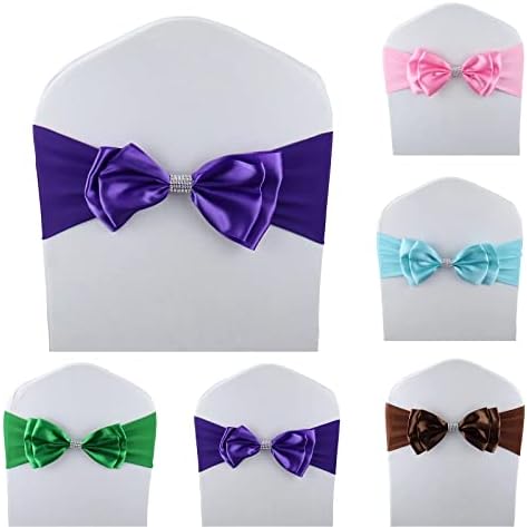 20 PCS Double Bows Stretch Chair Sashes, for Wedding Party Chair Cover Decoration, Spandex Stretch Chairs Bands (Pack of 20 Dark Purple) - Image 2