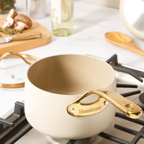 Bloomhouse - Two Time Oprah's Favorite Things Winner - 3 Quart Heavy Duty Aluminum Premium PFA Free Ceramic Nonstick Saucepan with Lid - Almond Cream w/Gold Handle - Image 2
