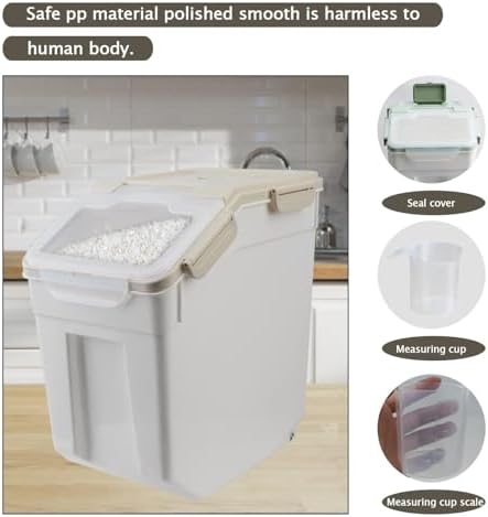 50 lb Flour Storage Container, 2 Pack Rice Storage Container with Measuring Cup/Wheels Seal Locking Lid for Flour, Rice, Grain, Cereal, Dry Food Dispenser Organizer Storage Bin (Grey) - Image 3