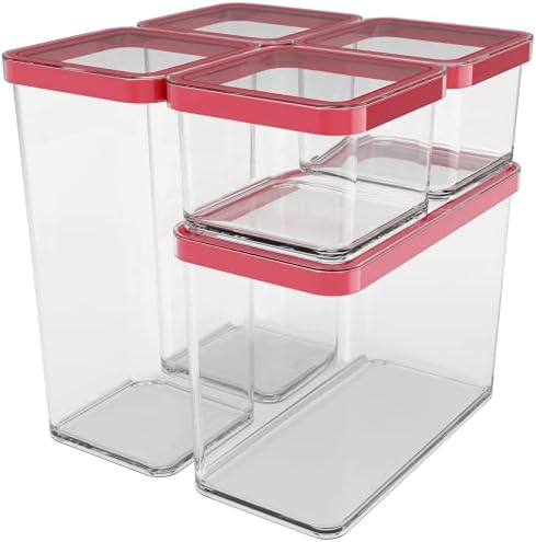 Rotho Loft Set of 5 Storage Jars, BPA-Free Airtight Food Containers, Red | 5-piece plastic box set: 2x 0.5L, 2x 1.5L, 1x 2.1L. Dishwasher safe canisters for flour, cereal, pasta and baking by Rotho