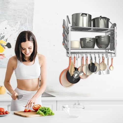 VyGrow 28 Inch Pot Rack Wall Mounted, 2 Tier Pots and Pans Organizer with 20 Hooks and 6 Pot Lid Holders, Heavy Duty Steel Pot and Pan Hanger for Kitchen Cookware Utensils Storage, Silver - Image 6