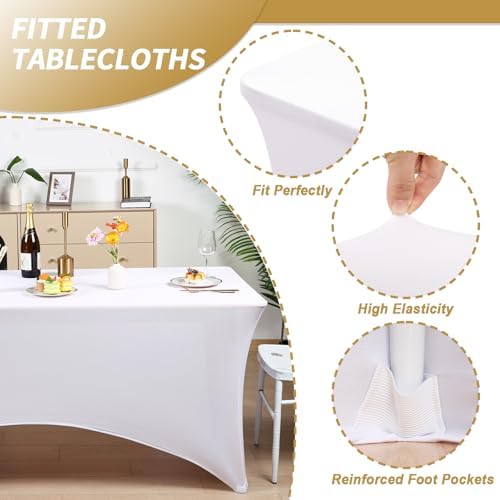 Fixwal 3 Pack 6FT White Tablecloth Rectangle Spandex Fitted Table Cover - Image 2