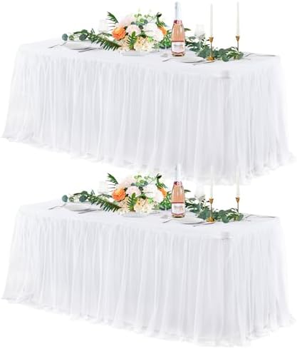 2 Pack White Tulle Tablecloths for 6 Foot Rectangular Tables, 6ft Wrinkle Free Spandex White Table Cover with Tutu Skirt for Wedding Bridal Shower Birthday Party Banquet Baby Shower Events Decorations by Suppromo