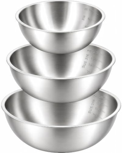 Stainless Steel Mixing Bowls Set of 3, 1.5/2.5/4 Qt Metal Mixing Bowl Set for Baking, Salad, Cooking & Meal Prep, Nesting Stainless Steel Bowls with Measurement Marks, Dishwasher Safe by BSTUR