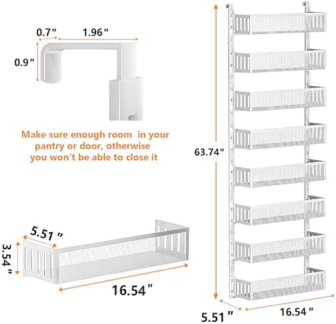 8-Tier Over The Door Pantry Organizer with Mesh Baskets, Adjustable & Stable Hanging Spice Rack for Kitchen, Bathroom, Bedroom, and Baby Essentials Storage (16" W 8-Tiers, White) - Image 2