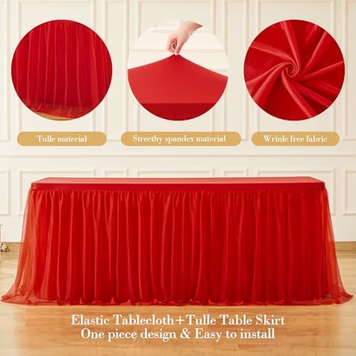 Suppromo Red Tulle Tablecloth for 4 Foot Rectangular Tables, 48 x 24 Inch Red Rectangle Table Cloth, Wrinkle Free Table Cover with Tutu Skirt for Wedding Birthday Party Banquet Tablecover - Image 6